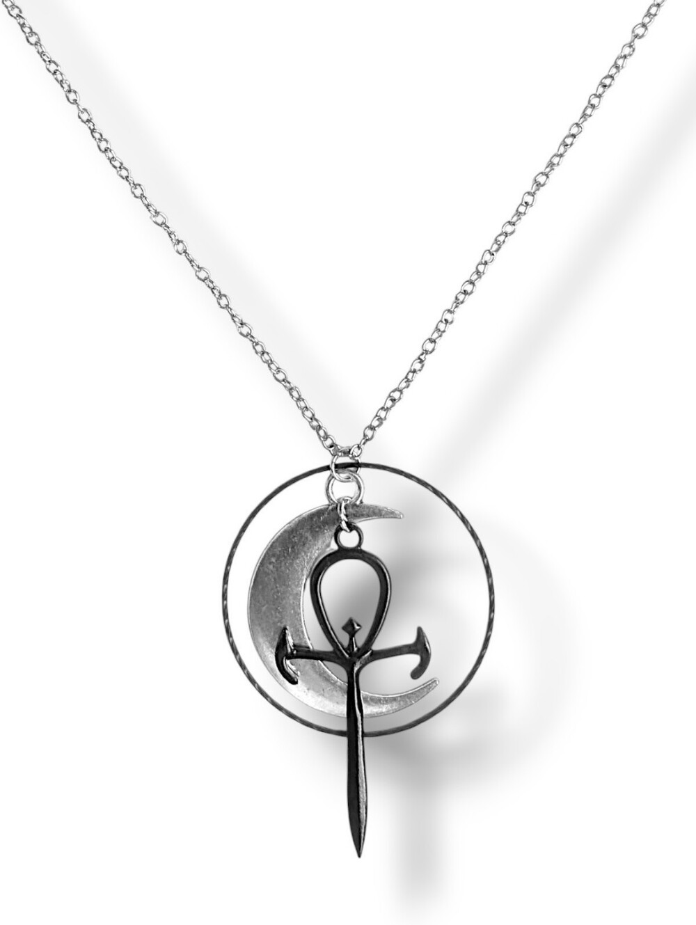 NWT Handmade Large Silver Crescent Moon Black Ankh and Hoop Layered Necklace